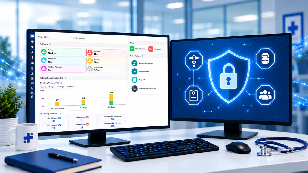 A clinician reviews secure remote patient monitoring and healthcare privacy controls.