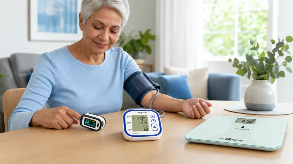 A patient uses connected monitoring devices easily at home.