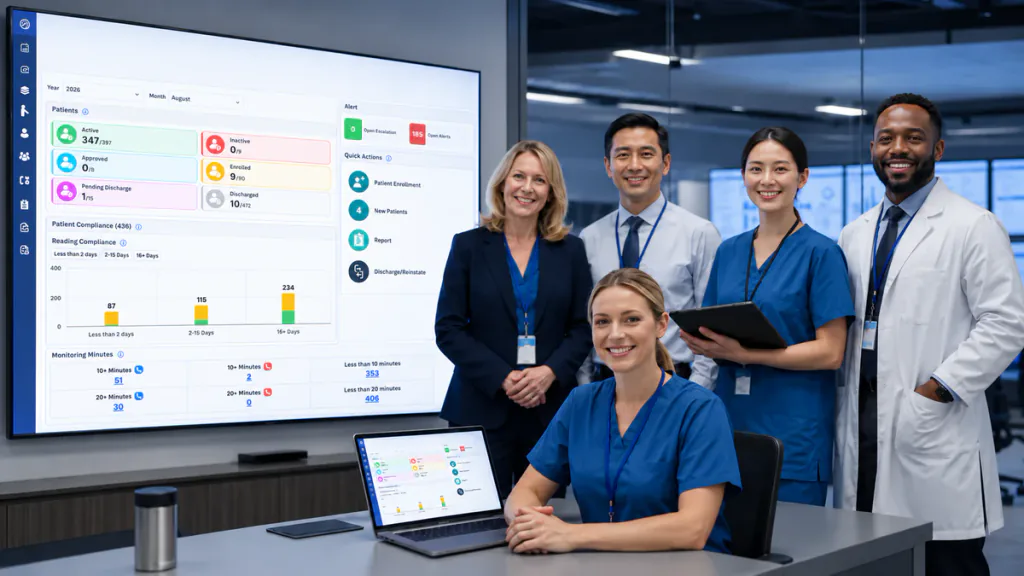 A healthcare team reviews a dashboard for sustainable, scalable remote monitoring programs.