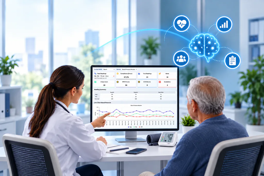 A clinician reviews AI-powered remote patient monitoring trends and insights.