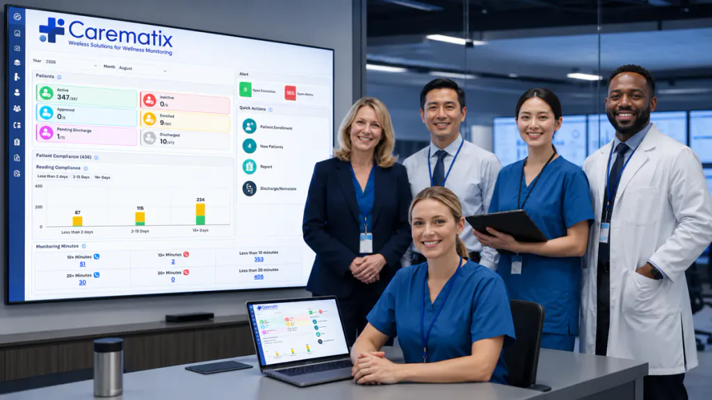 A healthcare team reviews a dashboard for sustainable, scalable remote monitoring programs.
